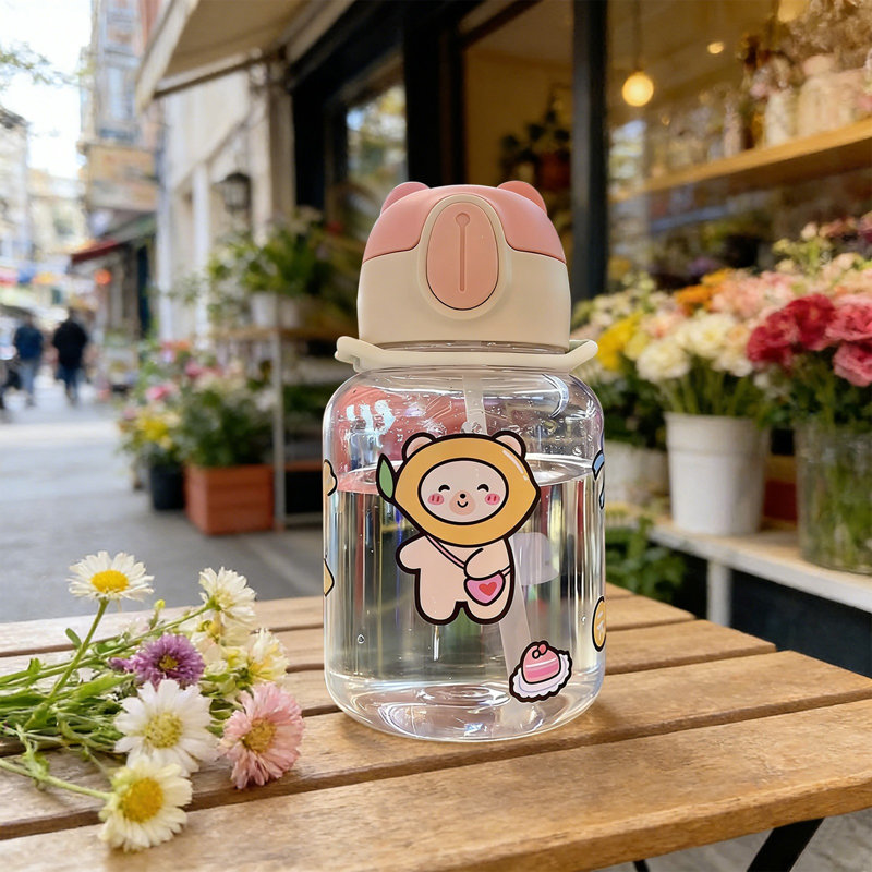 Bouteille d'eau 600 ml 2ème génération Bear Cup Bouteille d'eau mignonne avec paille BPAFree, A