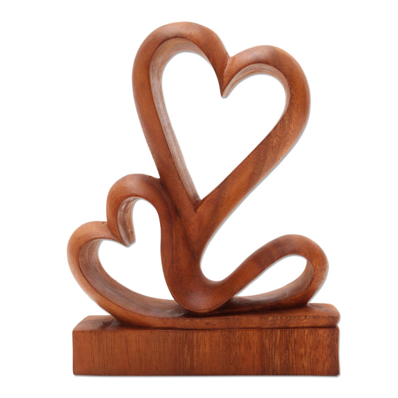 Handmade Suar Wood Romantic Heart Sculpture