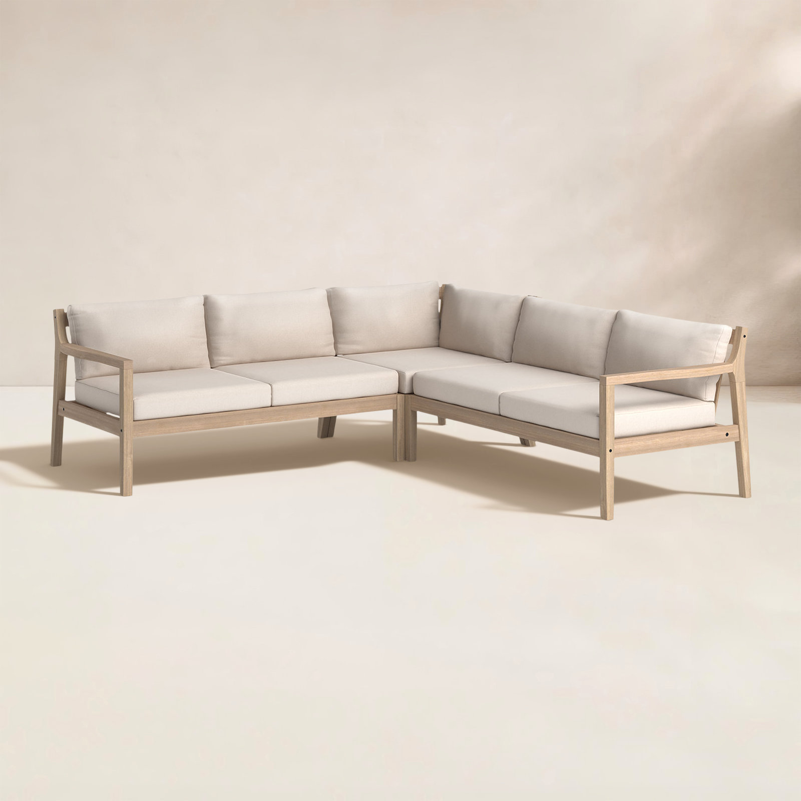 Amina 3 Piece Outdoor Acacia L Shape Sectional , Antique Beige Sunbrella® Canvas