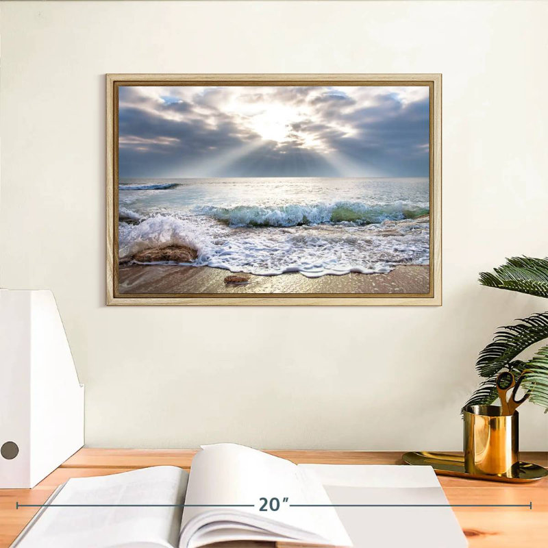 Océan au lever du soleil, Cadre flottant en bois naturel, 13 po x 9 po