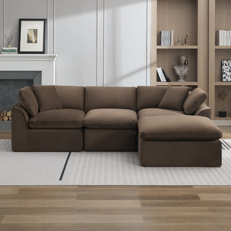 Canapé modulaire moderne en chenille avec repose-pieds mobile, aucun assemblage requis, Brun, 3, Forme en L