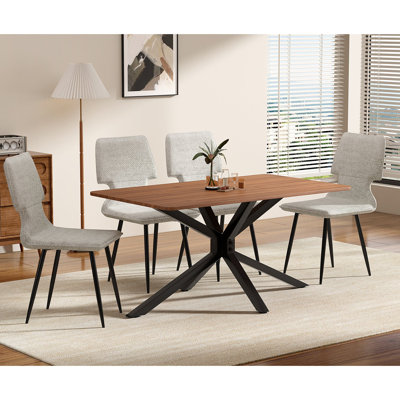 Table de salle à manger 5 pièces en grain de bois et 4 chaises de salle à manger rembourrées en tissu gris avec base en métal pour la cuisine, la salle à manger et le salon