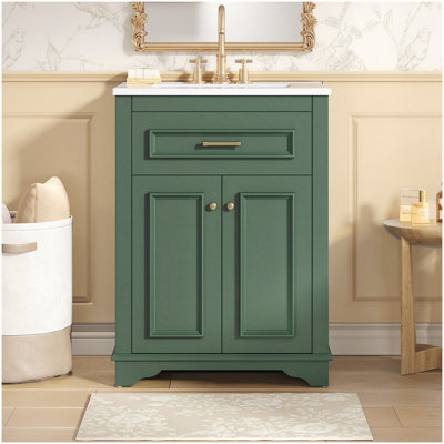 Meuble-lavabo de 24 pouces avec lavabo en céramique intégré, deux portes, un tiroir rabattable, idéal pour les petites et moyennes salles de bain, vert