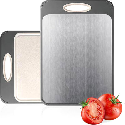 Planche à découper double face en acier inoxydable 304 et paille de blé avec rainure à jus et moulin à ail