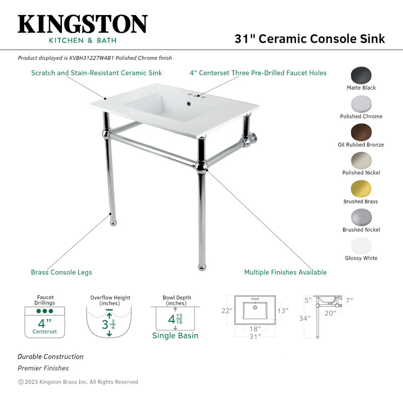 Kingston Brass Templeton 31-Inch Ceramic Console Sink with Brass Legs (8-Inch, 3-Hole), White/Brushed Brass