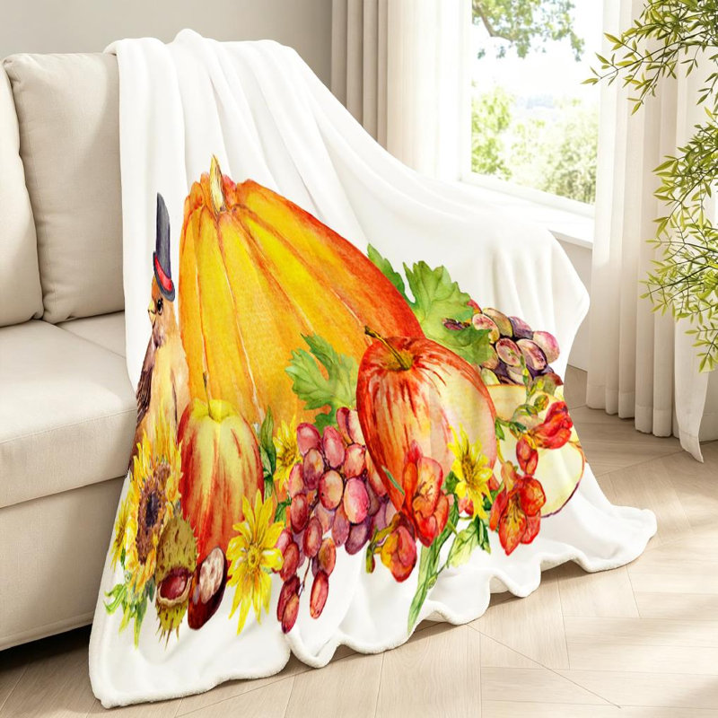 Jeté en molleton orange ultra doux en flanelle, imprimé citrouille de l'Action de grâce, Throw 40" x 50"