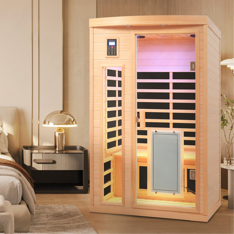 Low-EMF 2-Person Hemlock Wood Far-Infrared Indoor Sauna Room with Heated Glass Door
