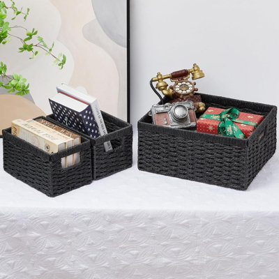 Wicker Storage Basket, Set Of 3 Wicker Basket, Hand-Woven Paper Rope Storage Baskets For Organizing, Large Cube Storage Organizer Bins Baskets For Shelves Small Toilet Paper Baskets