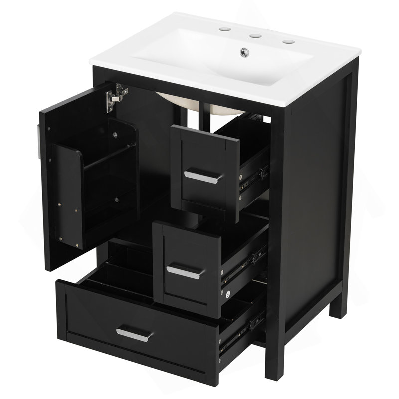 Modern 24-Inch Bathroom Vanity With Ceramic Sink, Soft-Close Door, Double-Layer Door Shelf, And 3 Drawers, Black
