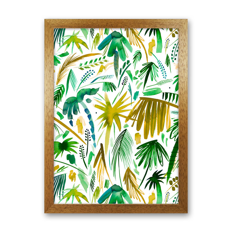 Brushstrokes Tropical Palms Green - Print, 88cm H x 64cm W x 3cm D, Brown Framed