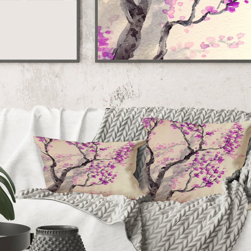 Housse de coussin carré avec fleurs sur des branches d'arbres, 16" x 16"