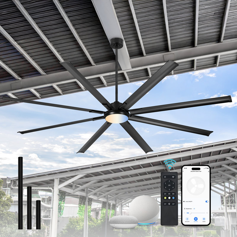 84/96 Inch Industrial Ceiling Fan with Lights and Remote, with 8 Aluminium Blades,Works with Alexa, Matte Black, 96