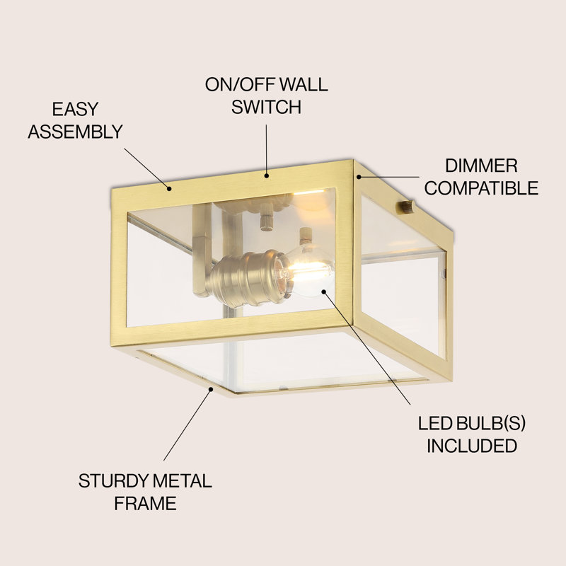 Bechtold Farmhouse Industrial Square Iron/Glass Case LED Flush Mount, Brass Gold, 5" H x 8" W x 8" D