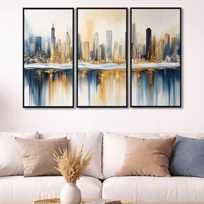 «Chicago Winter Cityscape - Blue Skyline», art mural encadré 3 pièces