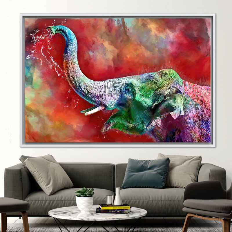 Éléphant abstrait, éléphant abstrait, Toile tendue avec cadre blanc, H 37 po x l 61 po