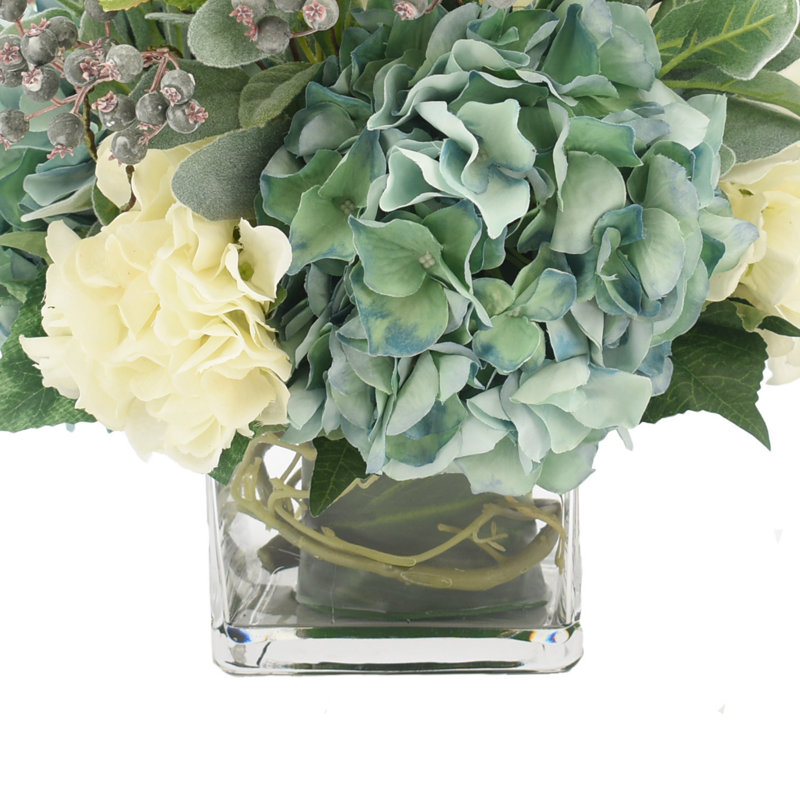 Assorted Hydrangea, Lamb''s Leaf And Vine Arranged In A Square Glass Vase