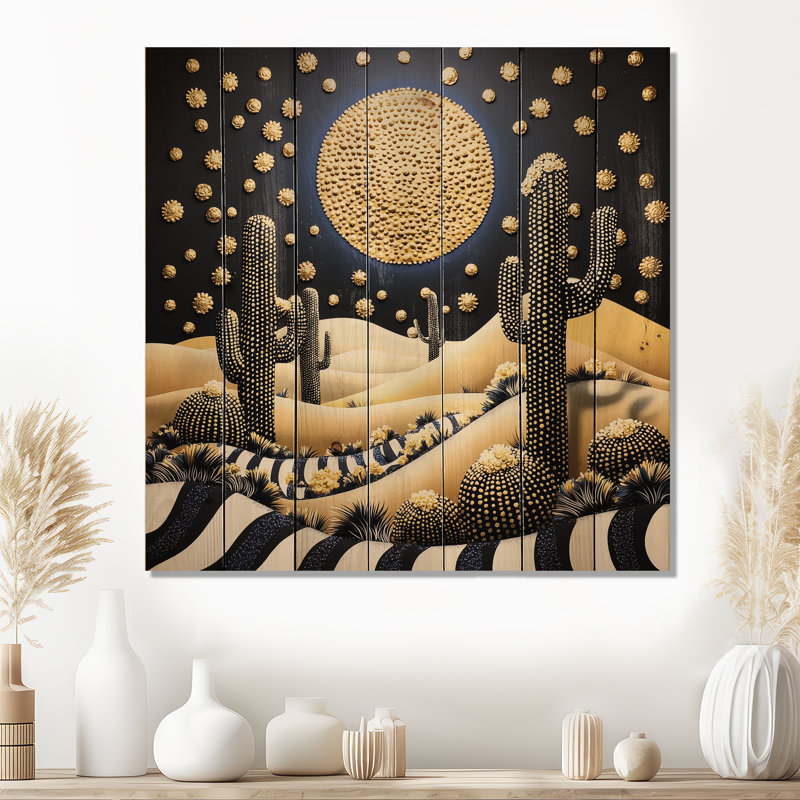 Glam Desert Sunset avec cactus - décor mural en bois paysage mondial sur bois de pin naturel, H 15 po x l 15 po