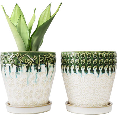 Ensemble de 2 pots à fleurs en céramique 6 "avec soucoupes de drainage et patins en filet