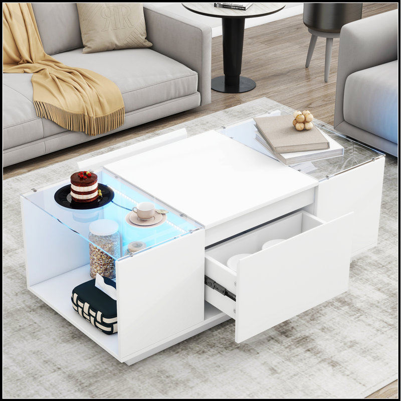 Table basse à DEL, centre de table moderne avec finition ultrabrillante et plateau en verre, rangement ouvert et 2 tiroirs cachés pour le salon