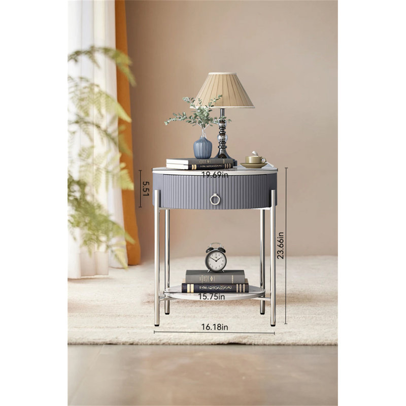 Round Double-Layer Nightstand – Modern Side Table With Storage Drawer, Silver/Gray
