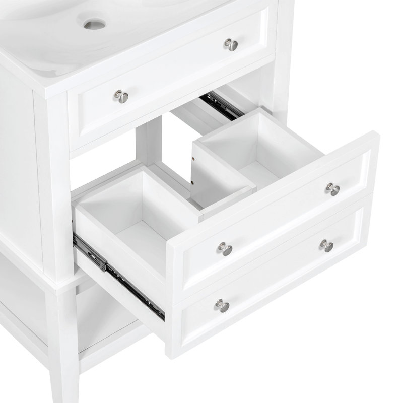 Meuble-lavabo 24 po sans lavabo, base seulement, structure en bois massif, armoire de rangement avec tiroir et tablette ouverte, blanc