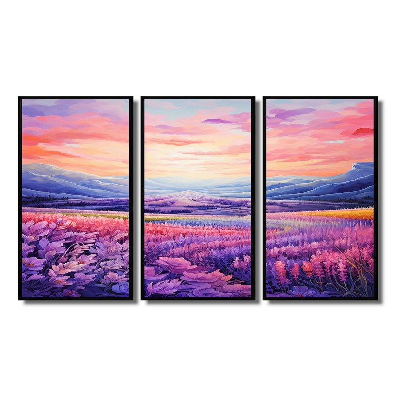 Magnifique coucher de soleil sur des champs de lavande - ensemble d'art mural champs de lavande, Cadre flottant noir