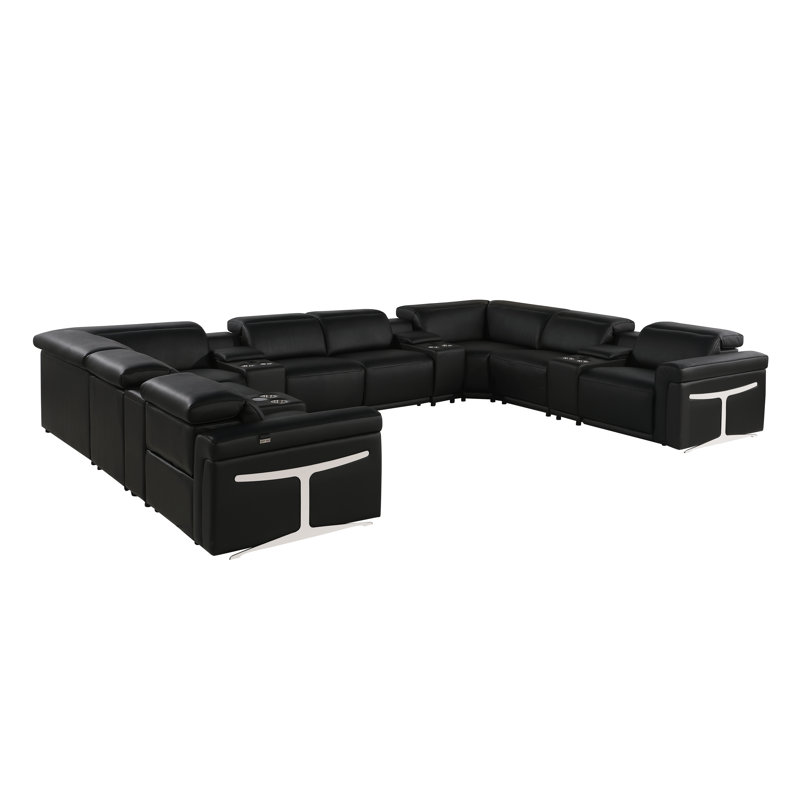 Canapé modulaire en cuir grainé italien inclinable 4 pièces Stanwinn, Cuir véritable noir