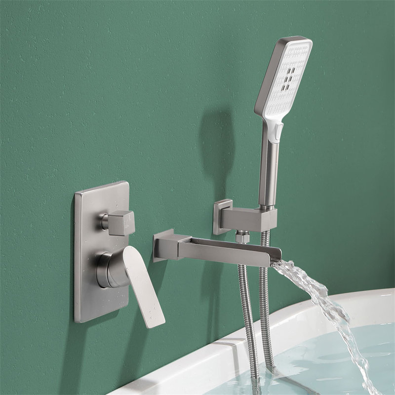 Wall Mounted Waterfall Tub Faucet with Hand Shower 1 Handle Bathtub Faucet Brass, Brushed Nickel