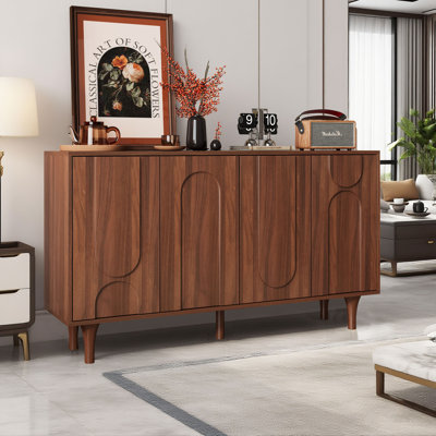63" Wide Wood Storage Credenza With 4 Arched Doors And Adjustable Shelves, Mid-Century Modern Sideboard Buffet For Dining Room, Accent Cabinet For Entryway