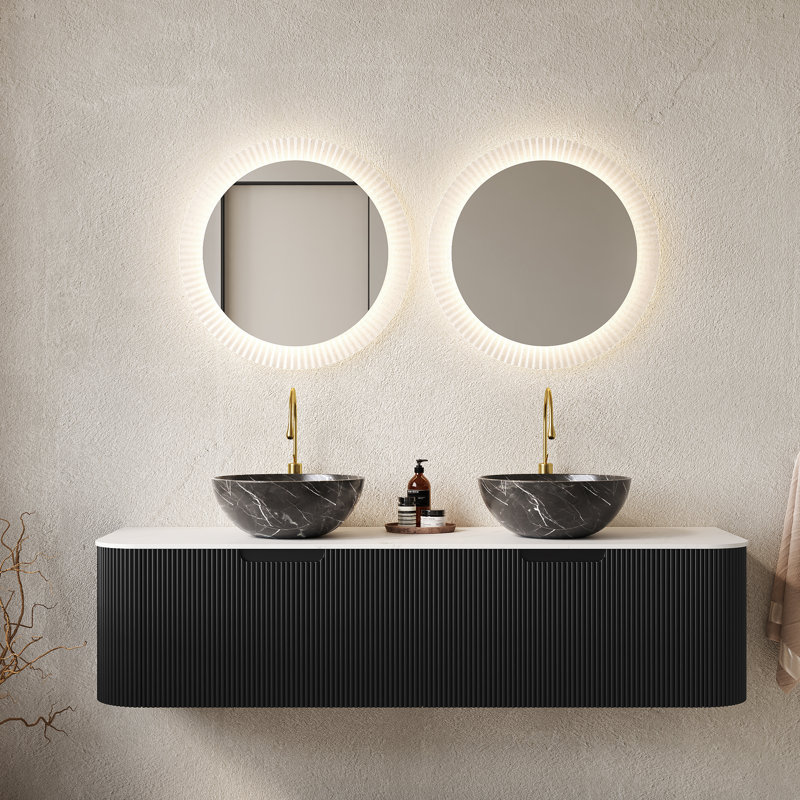 Meuble-lavabo de 60 po avec 2 lavabos bol en céramique noir, conception flottante, armoire rayée 3D, pré-assemblé, glissières de tiroir à fermeture en douceur, comptoir solide à structure stable