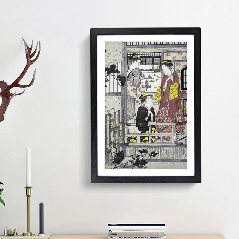 Three Women on a Veranda by Chobunsai Eishi - Picture Frame Painting Print, 36cm H x 27cm W x 2cm D, Black Framed