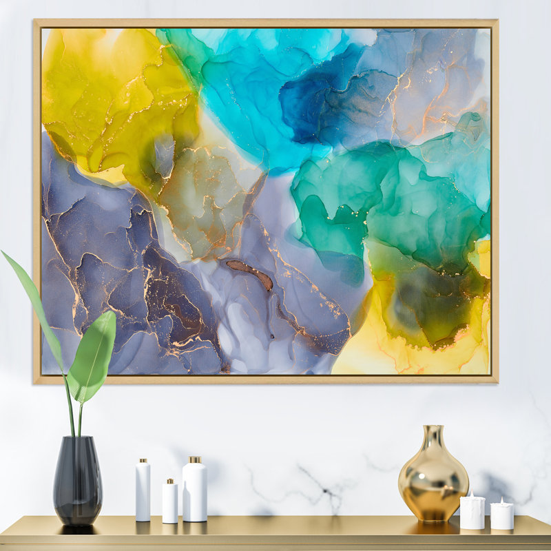 Turquoise et jaune luxe abstrait fluide - peinture sur toile, H 30 po x l 40 po x P 1,5 po, Cadre flottant érable