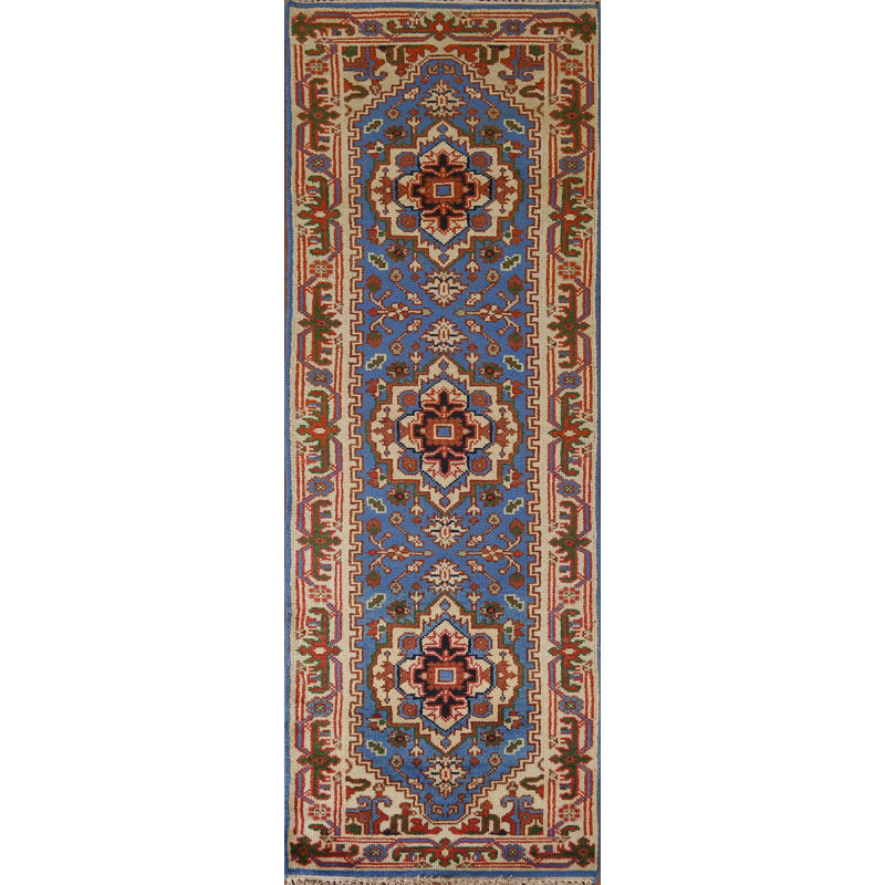 Tapis de couloir bleu en laine noué à la main de conception unique 2 pi 5 po x 8 pi 2 po New Age