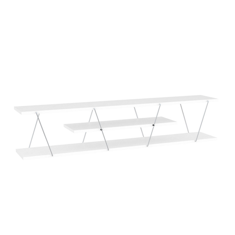 56 Inch Low Entertainment Stand In White/, Mid Century Modern Tv Unit With 4 Open Storage Shelves Shelves, White/