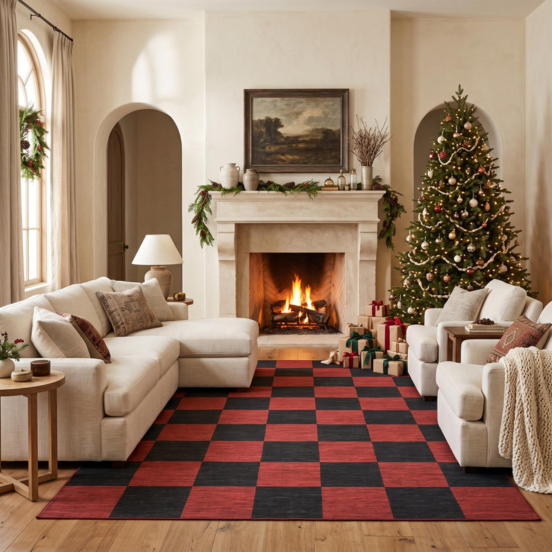 Tapis de Noël à carreaux en velours nacré lavable, antidérapant, à poils courts., Rouge et noir, 8 x 10 pi