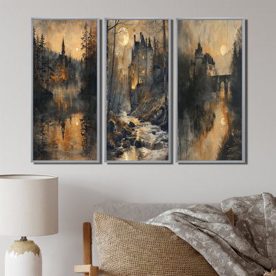 Collection de 3 impressions sur toile jaune et beige au clair de lune, entrepôts magiques