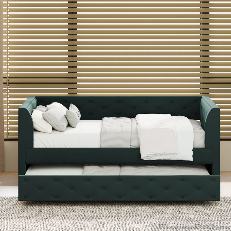 Upholstered Velvet Tufted Daybed with Trundle, Green