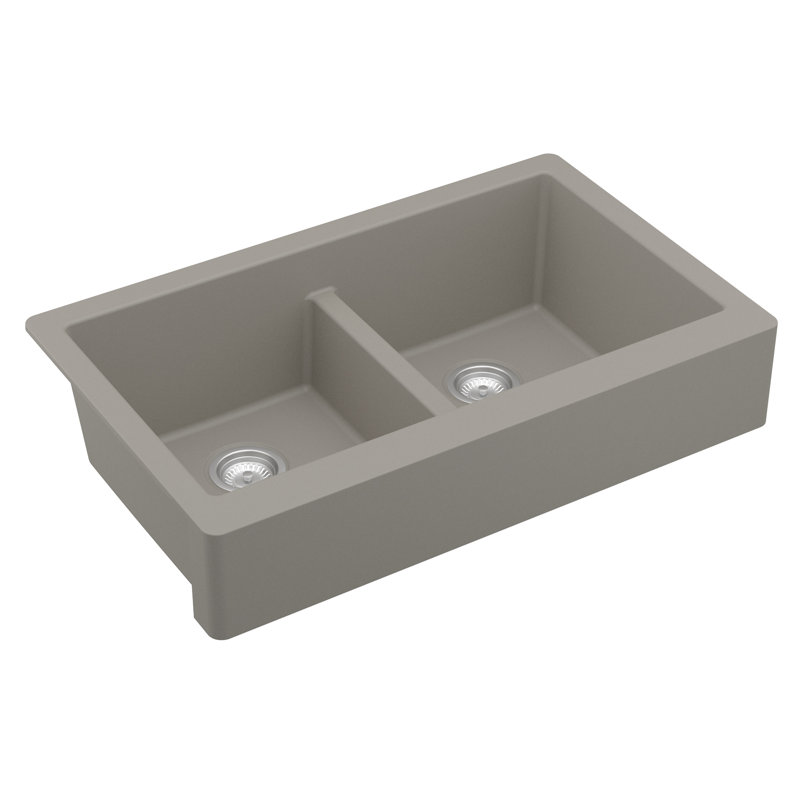 Karran Retrofit Farmhouse Apron Front Quartz Composite 34'' X 21-1/4'' 50/50 Double Bowl Kitchen Sink, Concrete