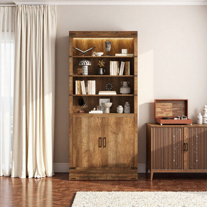 4-Tier Adjustable Bookcase with Doors & Metal Accents – Walnut Finish