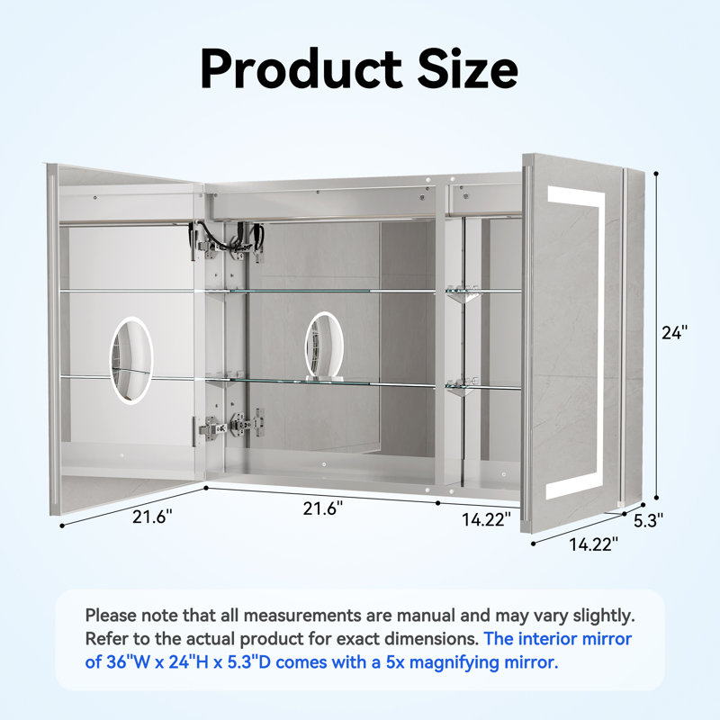 Armoire à pharmacie intelligente avec miroir 36 po x l 24 po x H 36 po avec fixation encastrée ou en surface, antibuée et douille incluses