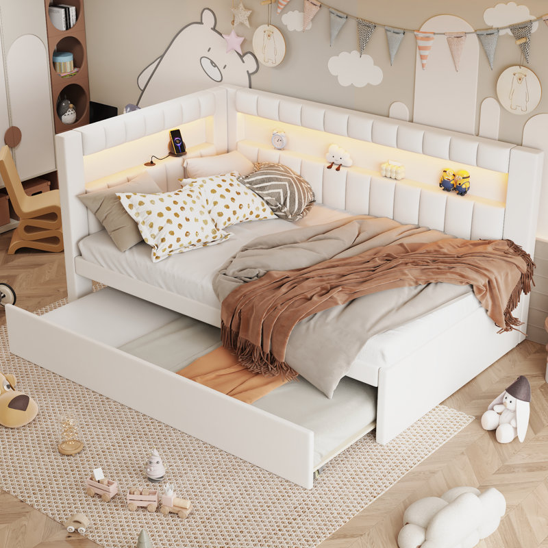 Lit plateforme rembourré deux places avec lit gigogne, ports USB et ceinture lumineuse DEL, blanc