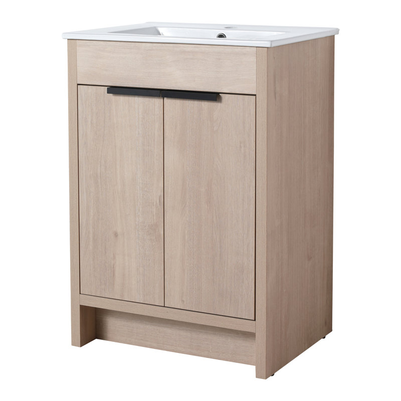 Meuble-lavabo de 24 po autoportant avec portes à fermeture en douceur, chêne, contreplaqué, tablettes réglables pour une organisation gracieuse