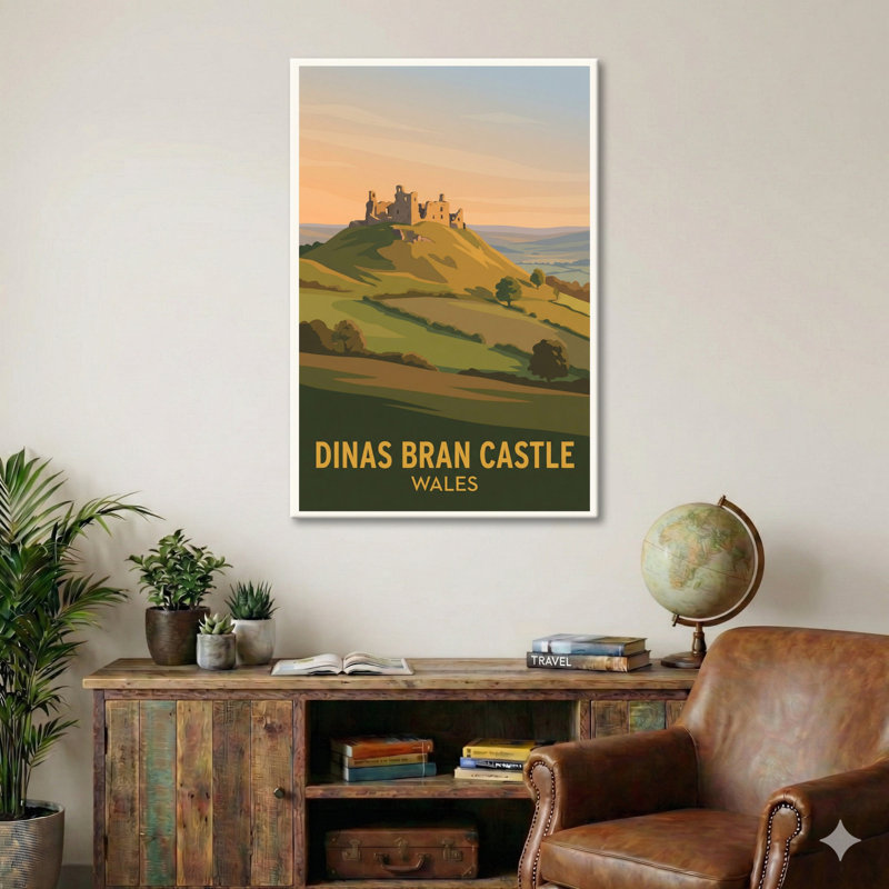 Dinas Bran Castle, Wales - Romantic Travel Poster Of Medieval Ruins Above The Dee Valley. Giclee Print On Wrapped Canvas. Wall Art, Home Decor - Castles & Palaces, Wales - Wrapped Canvas Print