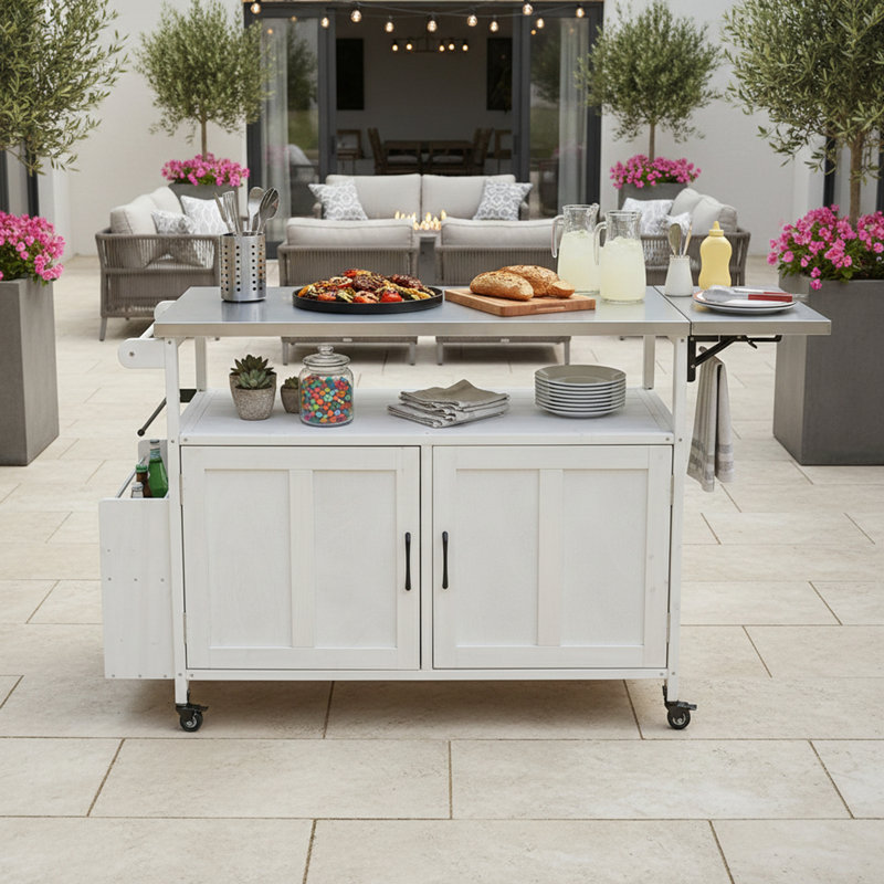 Îlot de cuisine extérieur pliable avec roues verrouillables et porte-serviettes, Blanc