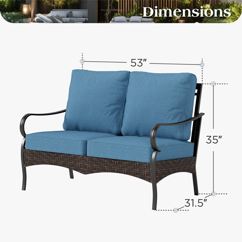 Causeuse d'extérieur en métal avec coussins et décoration en osier de 53 po de largeur, Denim Blue