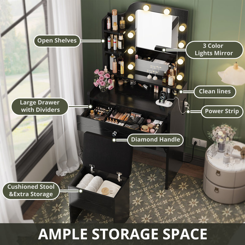 Small Makeup Vanity Desk With Bulb-Frame LED Mirror, Storage Stool & Power Outlet, Black