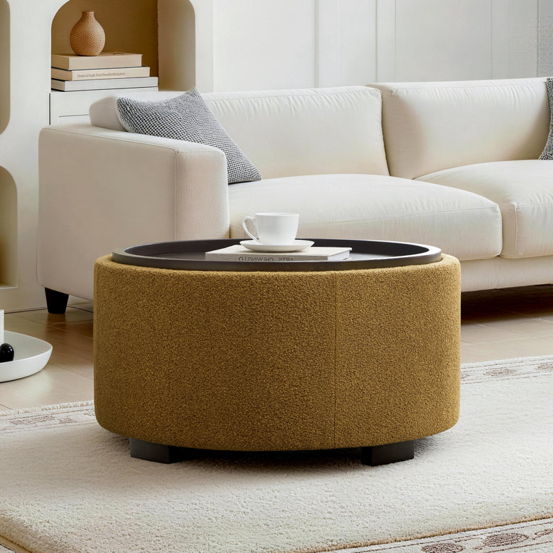 Caysey 30.1" W Upholstered Round Storage Ottoman with Wooden Tray, Yellow