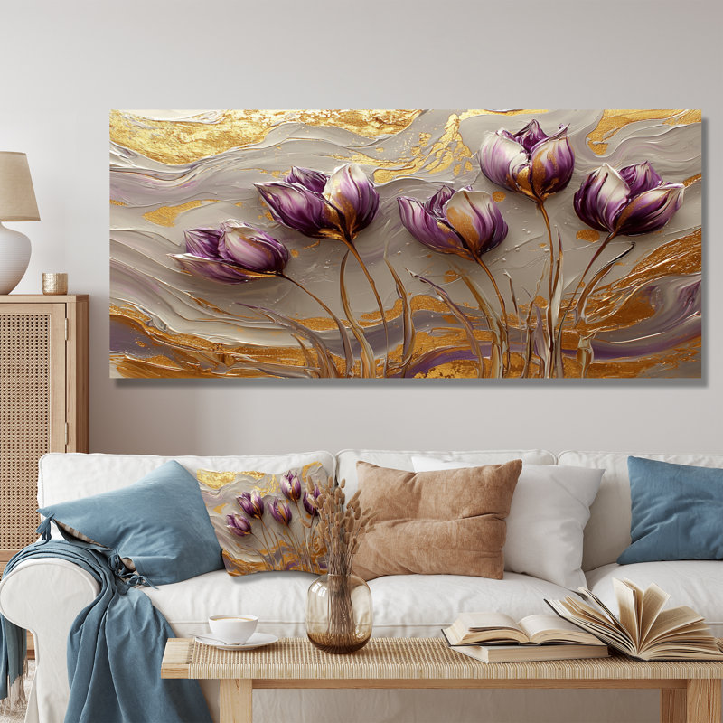 Art mural mural de tulipes jacobiennes marbrées sur une rivière crème II, H 28 po x l 60 po, Toile tendue, Ne pas appliquer