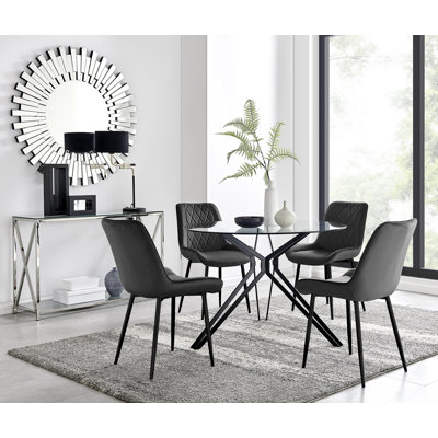 Modern Casino Glass and Metal Hairpin Leg Dining Table Set With 4 Luxury Velvet Dining Chairs