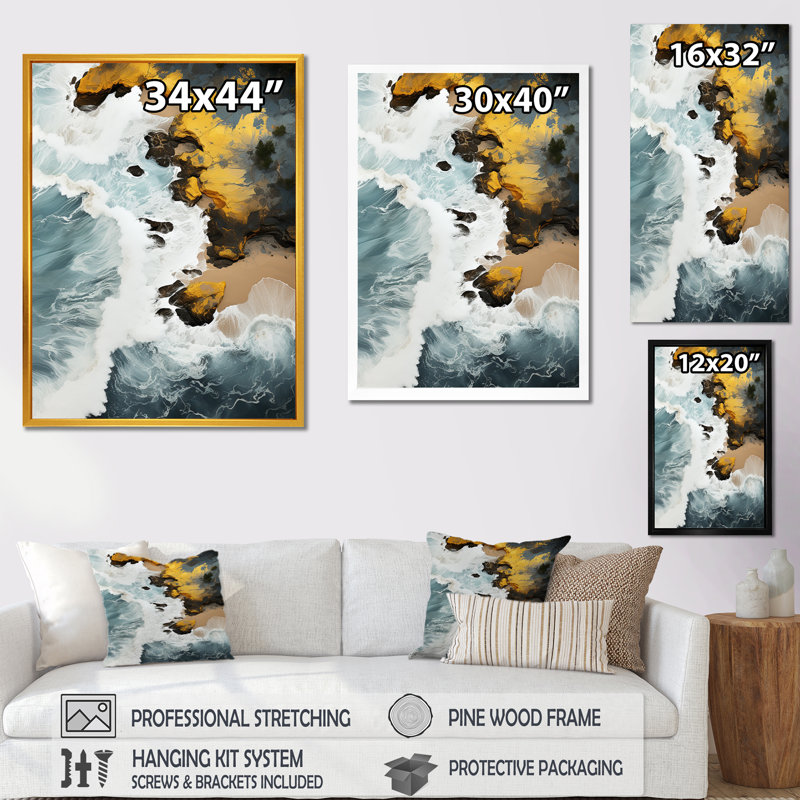 Sable tropical aérien - art mural plage, Cadre simple blanc, H 32 po x l 16 po x P 1 po